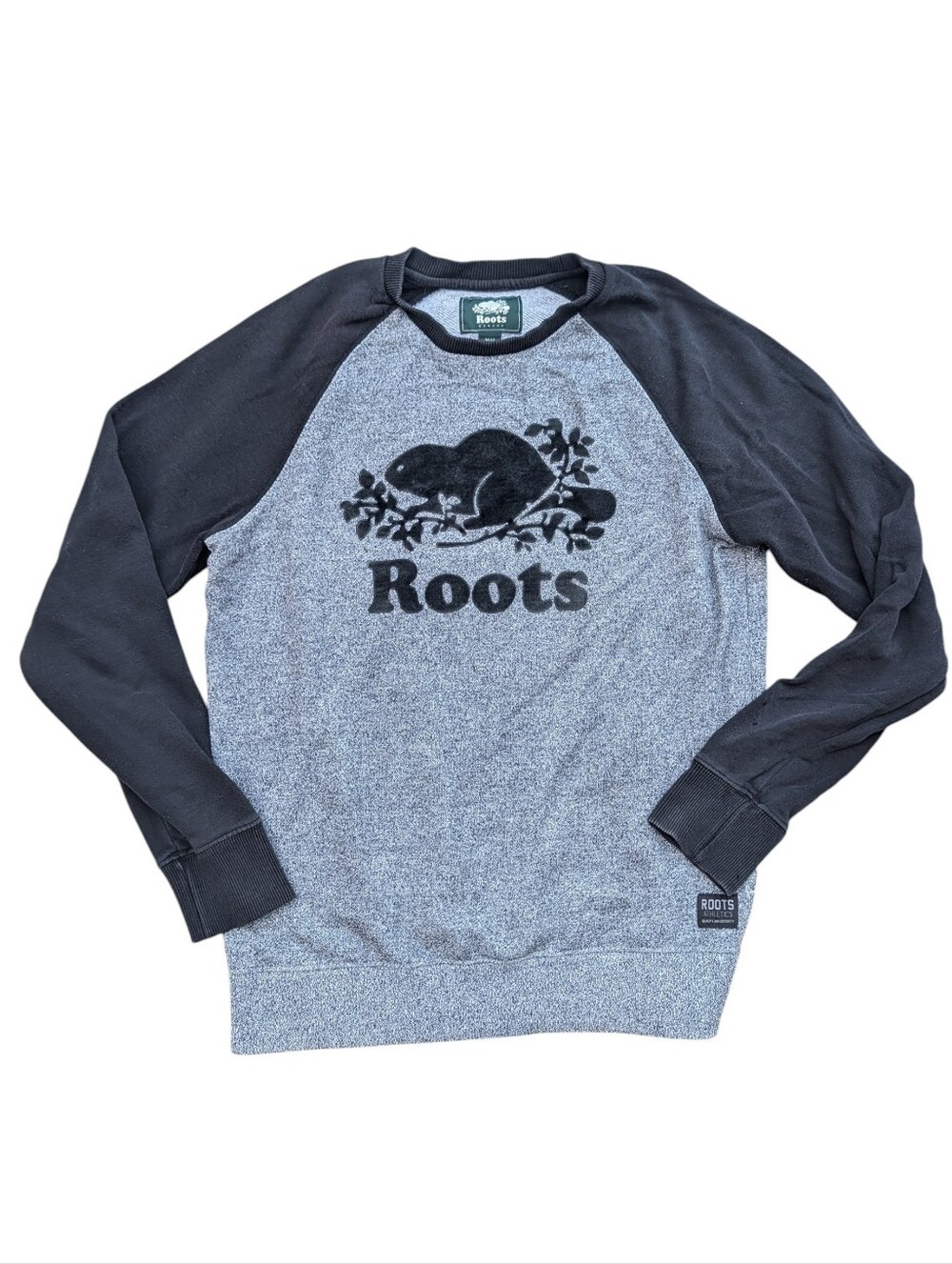 Roots Canada M Black Grey Beaver Logo Raglan Crewneck Sweatshirt